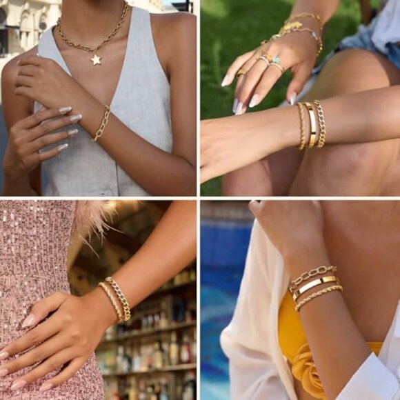 Chunky Stackable Bracelet Set Minimalist Dainty Cuff Chain Layered Trendy - Picture 5 of 7